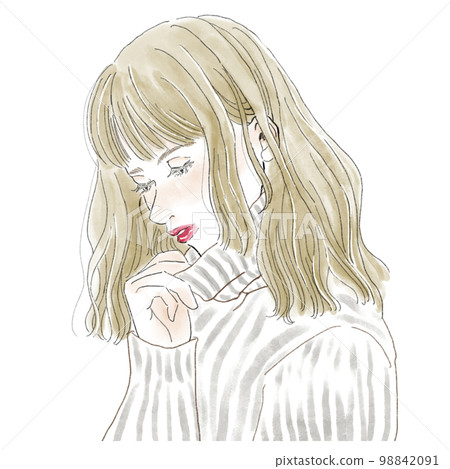 Illustration of a woman looking down while touching her neck Illustration of a woman looking down while touching her neck 98842091