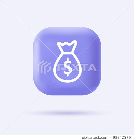 3d money bag icon on realistic violet button. Saving money concept. Modern infographic logo or pictogram. Vector cartoon illustration 3d money bag icon on realistic violet button. Saving money concept. Modern infographic logo or pictogram. Vector cartoon illustration 98842579