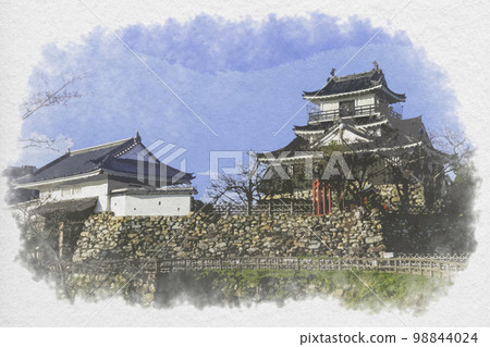 靜岡縣濱松市,水彩風格的濱松城城堡塔樓和大門 靜岡縣濱松市,水彩風格的濱松城城堡塔樓和大門 98844024