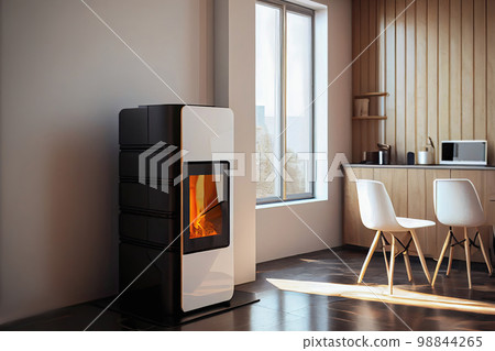 Warm modern design fireplace in a bright and inviting room. The concept of home comfort and design come together in this winter heating solution, creating the perfect ambiance relaxation and comfort 98844265