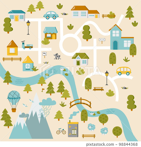 Cute town map for kids room. Landscape with lot details. Vector illustration 98844368