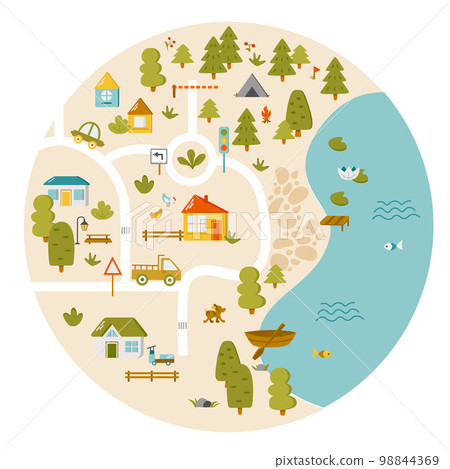 Cute town map for kids room. Landscape with lot details. Vector illustration 98844369