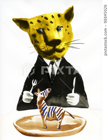 Cheetah in black suit enjoying dinner 98845026