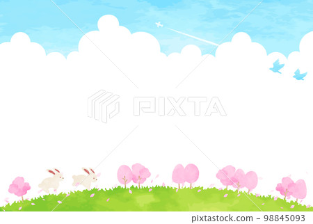 簡單可愛的兔子和櫻花樹風景插畫 98845093