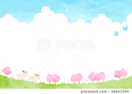一隻可愛的兔子和櫻花樹的風景圖 98845094