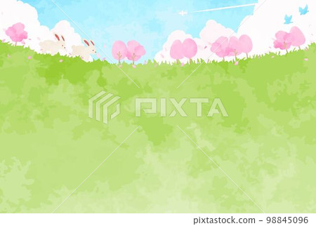 充滿自然的春天風景和一隻可愛的兔子的插圖 98845096