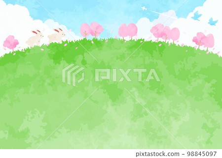 一個簡單的小山、一排櫻桃樹和一隻兔子的春天風景圖 一個簡單的小山、一排櫻桃樹和一隻兔子的春天風景圖 98845097