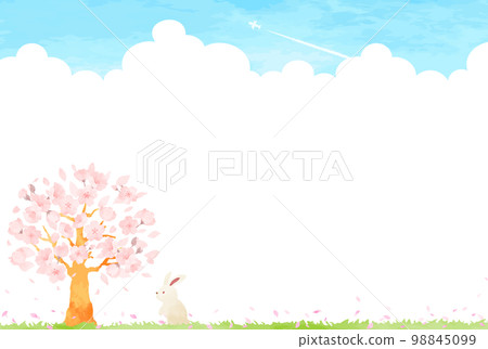 Gentle hand drawn rabbit and cherry tree and landscape illustration Gentle hand drawn rabbit and cherry tree and landscape illustration 98845099