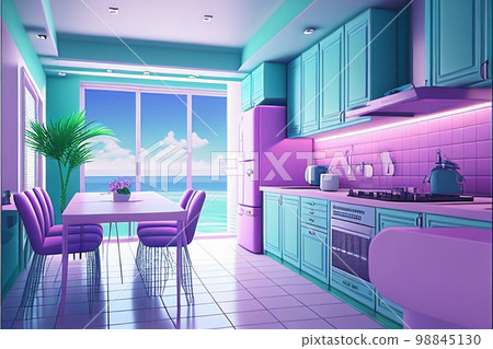 Ocean view dining kitchen in pastel colors AI image Ocean view dining kitchen in pastel colors AI image 98845130