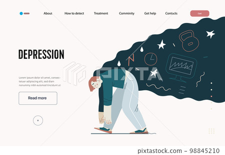 Mental disorders web template. Depression - modern flat vector illustration of tired man suffering under the weight of problems and obligations. People emotional, psychological, mental traumas concept 98845210