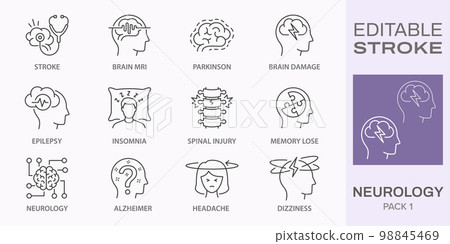 Neurology icons, such as alzheimer, parkinson, insomnia, headache and more. Editable stroke. 98845469