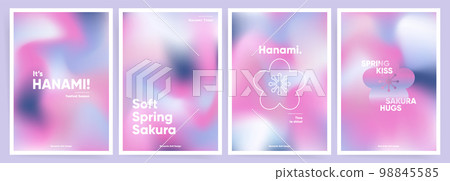 Set of Hanami Spring posters or postcards. Pink cute gradient Japanese Spring art design. Invitation, book or magazine cover, greeting card templates with futuristic gradients. Sakura wave layout set. Set of Hanami Spring posters or postcards. Pink cute gradient Japanese Spring art design. Invitation, book or magazine cover, greeting card templates with futuristic gradients. Sakura wave layout set. 98845585