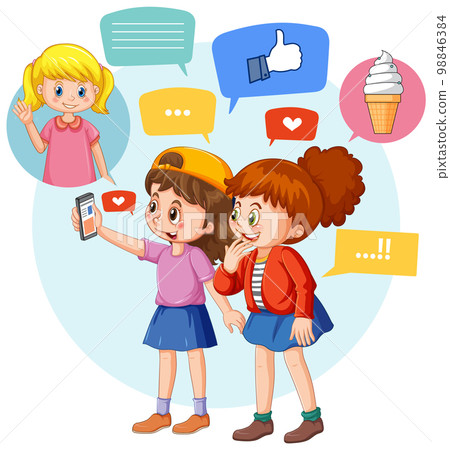 Two girls using smartphone for online learning 98846384