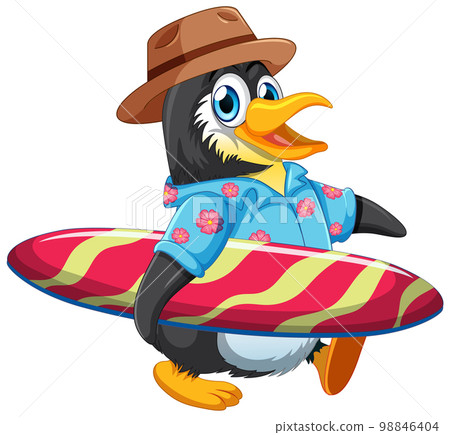 Cute penguin cartoon character holding surfboard 98846404