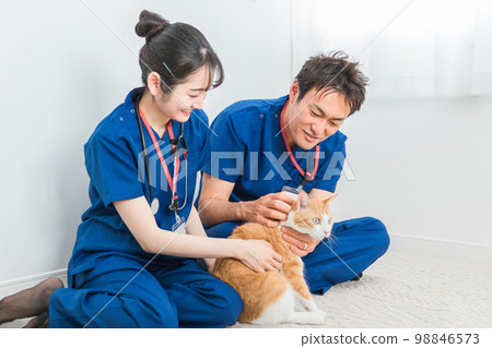 Male and female veterinarians at animal hospitals holding cats (Asian) 98846573
