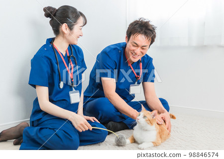 動物醫院的男女獸醫抱著貓（亞洲人） 98846574