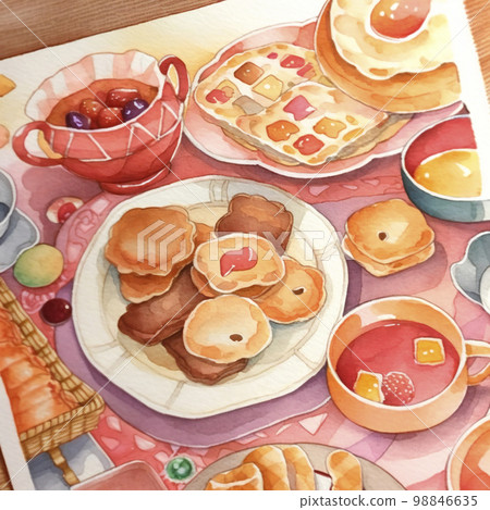 Sweets cake cookies tea time watercolor illustration "AI generated image" 98846635