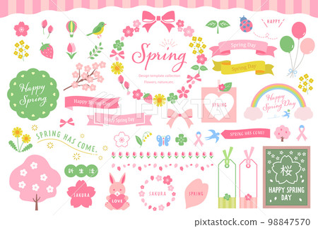Spring illustration and frame set / arrangement, cherry blossoms, ribbon, decorative frame, nature, flower, headline, vector 98847570