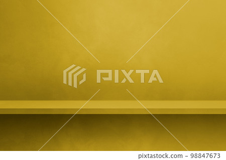 Empty shelf on a green ocher concrete wall. Background template. Horizontal mockup 98847673