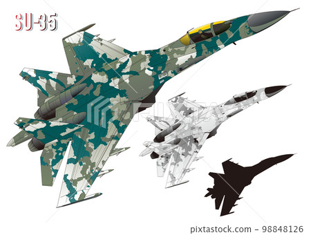 Jet fighter illustration painted in green and gray camouflage (set with line drawing and black silhouette) 98848126