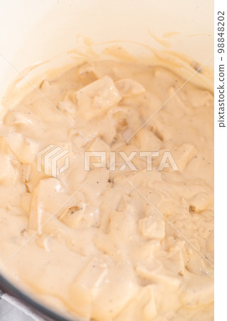 Mixing ingredients in an enameled dutch oven to prepare chicken alfredo pasta. Mixing ingredients in an enameled dutch oven to prepare chicken alfredo pasta. 98848202