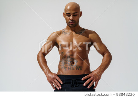 Portrait of attractive sporty man with muscled naked body on white studio background 98848220