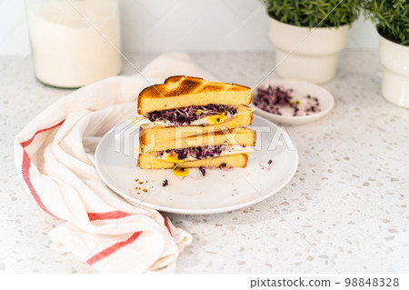 Sliced breakfast egg and sprout sandwich on a white plate. Sliced breakfast egg and sprout sandwich on a white plate. 98848328