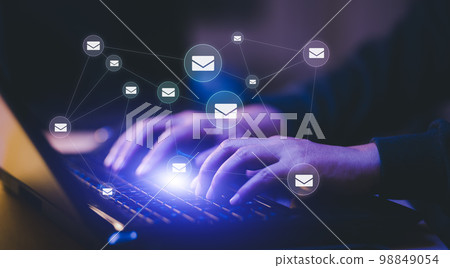 Businessman hand touch  communication icons, letter icon, email icons, and newsletter email and protect your personal information or spam mail, Customer service call center contact. 98849054