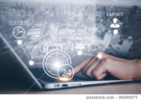 Clock 24h service and people icon Concept, Businessman using laptop with clock and line people icon, time management and business work planning, idea and concept of the schedule of the daily routine, Clock 24h service and people icon Concept, Businessman using laptop with clock and line people icon, time management and business work planning, idea and concept of the schedule of the daily routine, 98849075