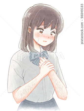 Watercolor illustration of a student suffering from a complex about unwanted hair 98849183