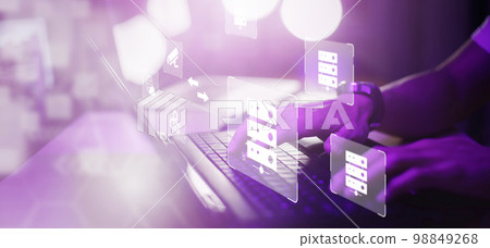 Cloud technology concept Global network of metaverse systems concept, Man hand touch data with internet cloud technology and File Transfer backup copy,Global business  Internet for Telecommunication 98849268