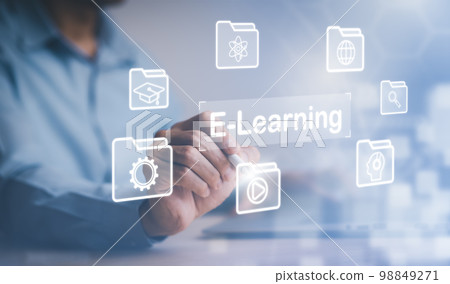 Concept E-learning education, Businessman hand touch Online Education icon on virtual screen. internet lessons and online webinar, online lessons on a digital screen.Education internet Technology. 98849271