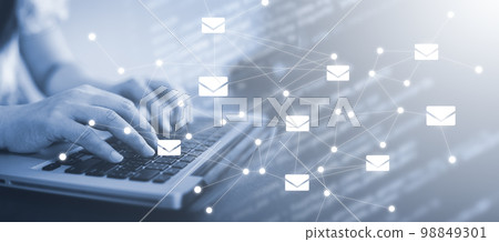 Businesswoman holding smartphone with communication icons, letter icon, email icons, and newsletter email and protect your personal information or spam mail, Customer service call center contact. Businesswoman holding smartphone with communication icons, letter icon, email icons, and newsletter email and protect your personal information or spam mail, Customer service call center contact. 98849301