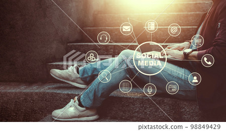 Social media Technology and digital online in the world concept, people using laptops with social media and online marketing, Digital sharing of work data, working for outdoors, freelance team 98849429