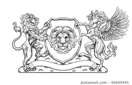Coat of Arms Pegasus Lion Crest Shield Family Seal 98849495