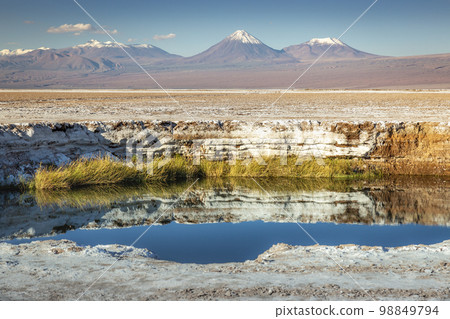 Licancabur with reflection lake and volcanic landscape at Sunset, Atacama, Chile 98849794
