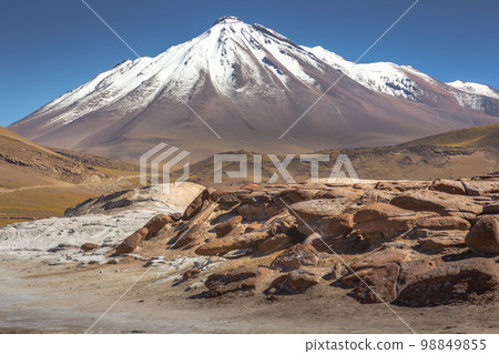 Dramatic volcanic landscape in Piedras Rojas at sunny day, Atacama Desert, Chile Dramatic volcanic landscape in Piedras Rojas at sunny day, Atacama Desert, Chile 98849855