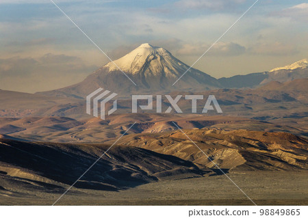 Licancabur and dramatic volcanic landscape at Sunset, Atacama Desert, Chile 98849865