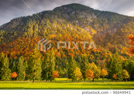Karwendel alps at golden autumn sunrise, tyrol and bavarian alps border, Austria 98849941