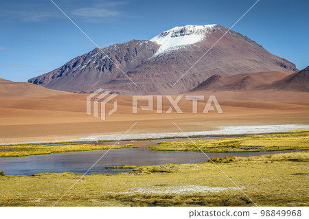 Salt lake, volcanic landscape at Sunset, Atacama, Chile border with Bolivia Salt lake, volcanic landscape at Sunset, Atacama, Chile border with Bolivia 98849968