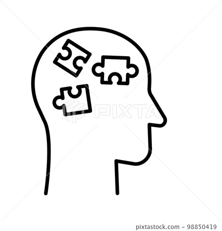 Human head with jigsaw puzzle piece. Pictogram isolated on white background. 98850419