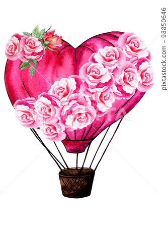 Heart Hot Air Balloon With Roses. Hand Drawn Illustration. Wedding Concept. Heart Hot Air Balloon With Roses. Hand Drawn Illustration. Wedding Concept. 98850646