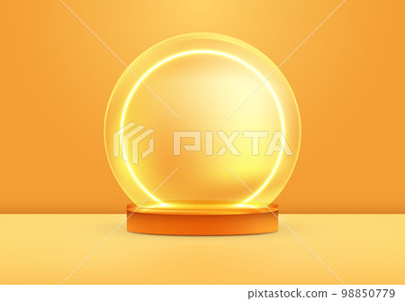 3D realistic products display yellow podium stand pedestal with neon light circle 98850779