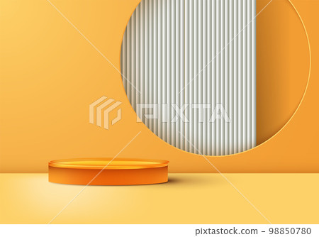 3D realistic products display yellow podium stand pedestal with circle frame backdrop on yellow studio room background 98850780