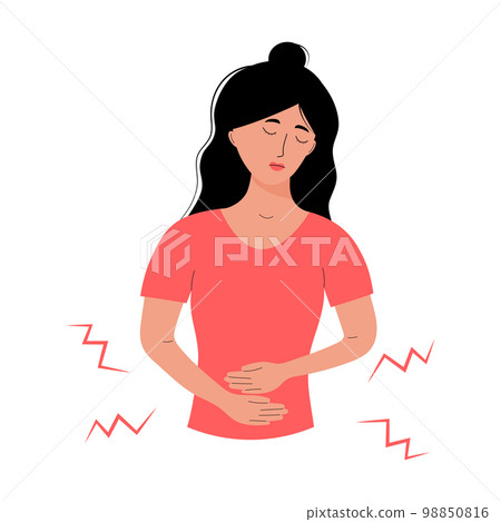 Woman with abdominal pain. Painful menstruation, appendicitis, premenstrual syndrome, menstrual cramps, diarrhea or constipation. Girl is holding  her hands on her stomach and her face expressing pain 98850816