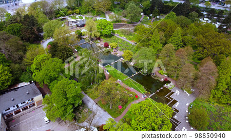 Aerial view over Planten and Blomen Park Hamburg 98850940