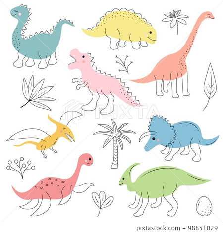 Cute dinosaurs and tropic plants doodle set. Funny hand drawn dinos. Cute dinosaurs and tropic plants doodle set. Funny hand drawn dinos. 98851029