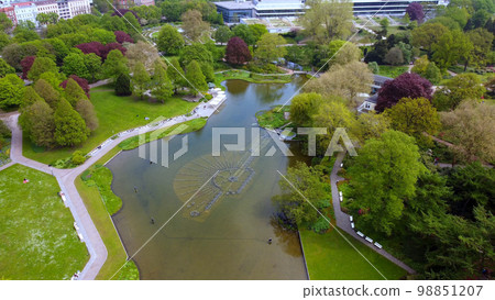 Aerial view over Planten and Blomen Park Hamburg 98851207