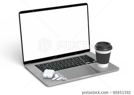 Paper coffee cup with donut and laptop on white, work place for freelance Paper coffee cup with donut and laptop on white, work place for freelance 98851392