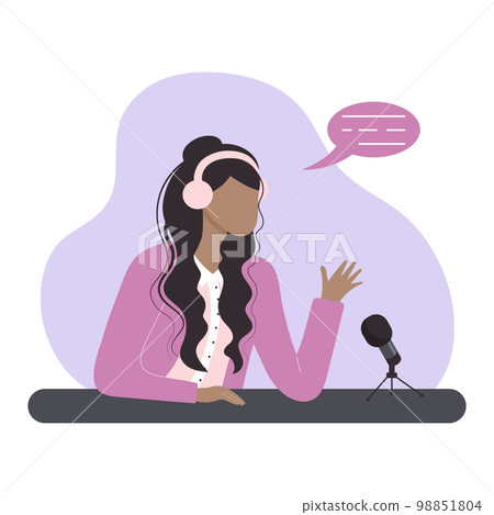 Woman with headphones talking and recording online podcast with microphone. Interview, radio, podcast, online show, vlog concept. Woman with headphones talking and recording online podcast with microphone. Interview, radio, podcast, online show, vlog concept. 98851804